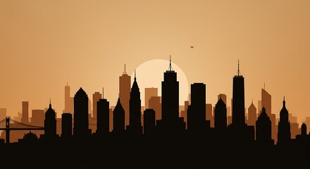 Skyline Silhouette at Golden Sunset: Graphic Cityscape with Silhouetted Buildings, Bridge, Plane & Warm Hues for Urban Design, Travel Promotion, & Modern Art Aesthetic