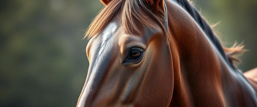 Close-up of a magnificent purebred horse's head and neck, showing details of coat and musculature, strong, powerful
