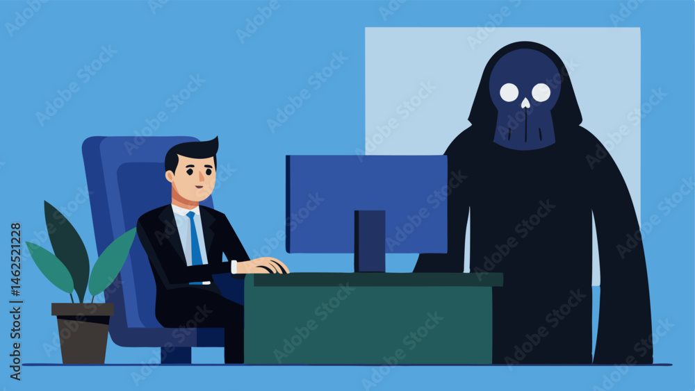 Poster office setting the grim reaper is seated in a modern office with neutralcolored walls. a large desk 