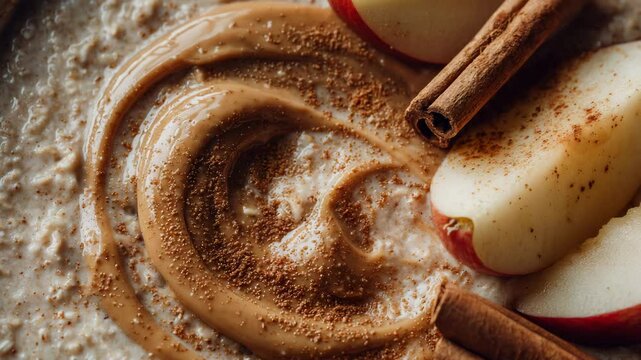 Close up view of oatmeal topped with peanut butter, apple slices, and cinnamon sticks. Warm, inviting tones and textures are prominent. The image is well lit, showcasing the food's details.