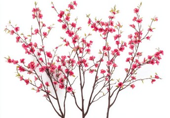 Fototapeta premium Small pink blossoms on branches. Delicate, clustered flowers on thin stems against a white background. Artificial arrangement