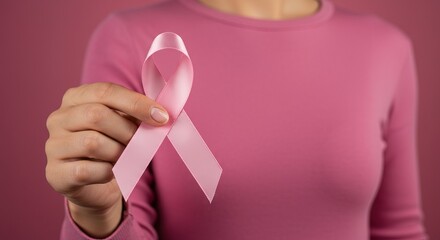 Obraz premium Woman in pink holding a pink breast cancer awareness ribbon