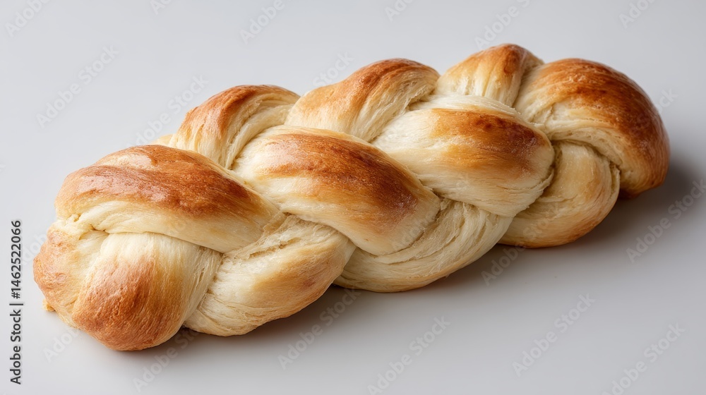 Poster Overhead view of minimal plaited bread features a glossy top crust with intricate textures, softly cast shadows enhance the composition's simplicity and elegance