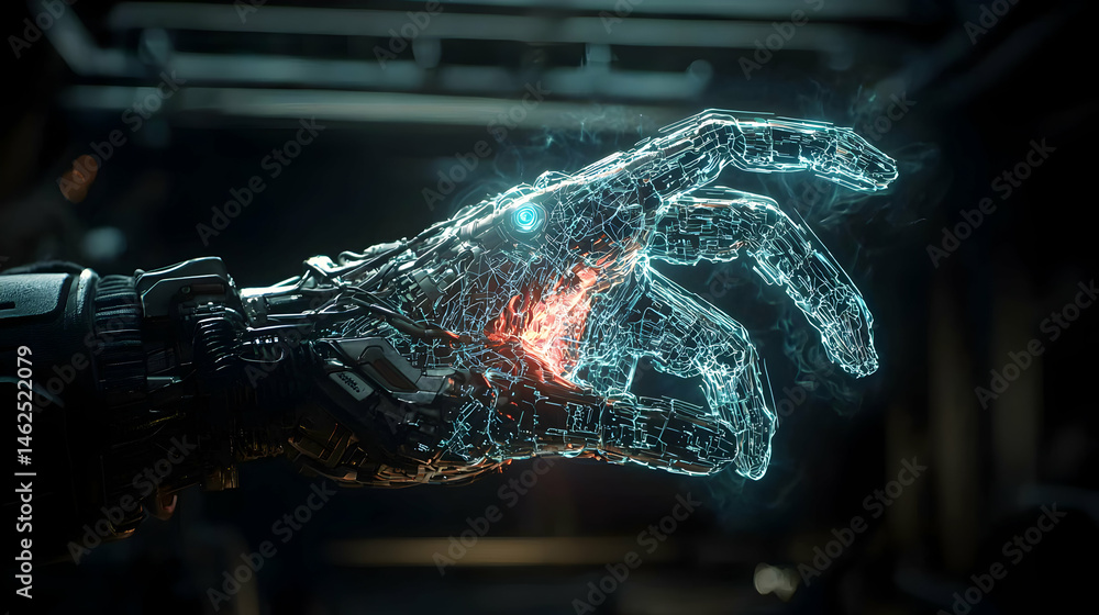 Poster a futuristic robotic hand with glowing energy effects. perfect for sci-fi themed projects or digital