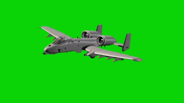 Military Aircraft Ground Attack In Flight On Green Screen.Republic A-10 Thunderbolt II Aircraft Flight On Green Screen Video 4k.
