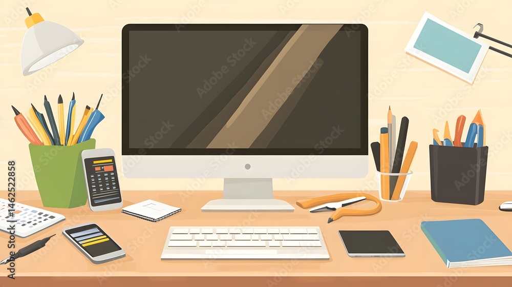 Poster flat lay view of a workspace filled with various items.
