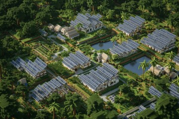 A vibrant community showcases eco-friendly homes with solar panels surrounded by lush trees and water features in a tropical setting Generative AI