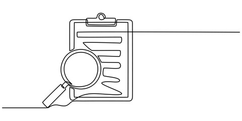 continuous line drawing clipboard with magnifying glass. Concept of Business analysis in simple outline style. Transparent background illustration, A magnifying glass on a clipboard, minimal pro.