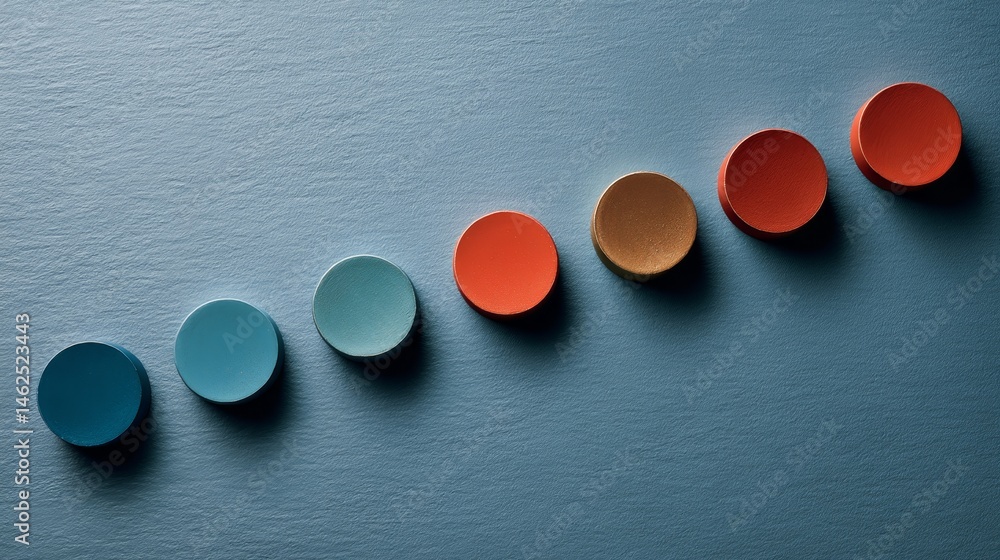 Aufkleber Geometric playing tokens are artistically arranged in ascending value on a dark flat surface, creating a visually striking composition while leaving space for text