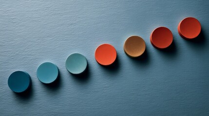 Geometric playing tokens are artistically arranged in ascending value on a dark flat surface, creating a visually striking composition while leaving space for text