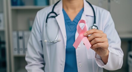 Doctor holding a pink ribbon for breast cancer awareness