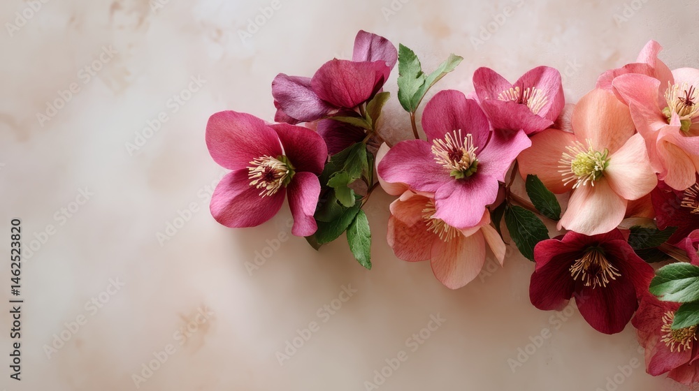 Aufkleber delicate pastel flowers arranged in a flat lay design provide a vintage backdrop with ample copy spa