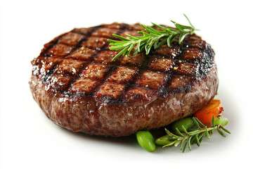 Grilled steak topped with a sprig of rosemary, sizzling and mouthwatering, on a white plate ready to be savored.