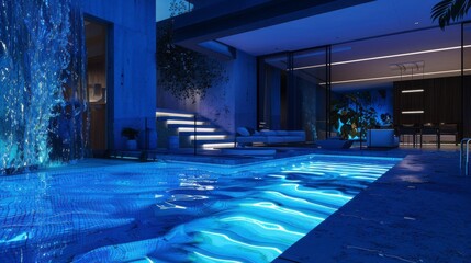 Obraz premium Modern House with Illuminated Pool and Waterfall at Night