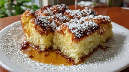 Golden baked semolina dessert with powdered sugar and syrup on white plate served in cozy daylight setting perfect for food blogs, traditional sweet recipes and warm homemade dessert visuals