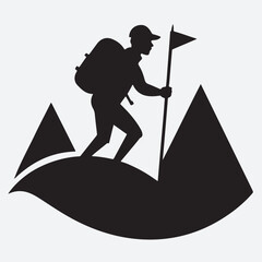 Fototapeta premium hiker climbing with backpack silhouette vector art illustration, hike with backpack stands on the trail in the Apls mountains. Trek near Matterhorn mount. Mountain ridge and blue sky on the background
