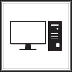 Desktop computer icon – black silhouette of pc monitor and tower case – minimal vector for it, technology, hardware, digital office and workstation design projects