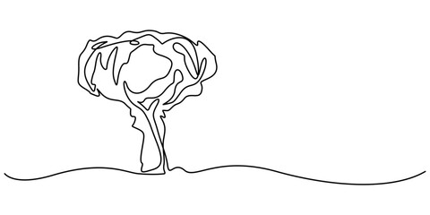 Nuclear explosion. One line, One continuous line drawing of Atomic bomb explosion. Nuclear mushroom cloud symbol of war catastrophe and apocalypse in simple linear style. Editable stroke. Doodle style