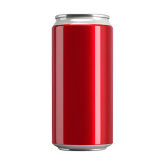 A shiny red aluminum beverage can stands upright on a white background showcasing its smooth surface and metallic silver top and bottom s for a modern design.