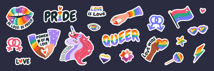 Happy Pride Month. LGBTIA stickers set. Isolated badges with signs, symbols, phrases, inclusive pride flags, unicorn, rainbow lips, hands, eye. Isolated elements on dark background. Vector clipart © Iuliia Savko