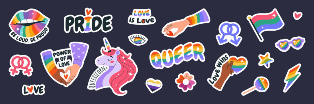 Happy Pride Month. LGBTIA stickers set. Isolated badges with signs, symbols, phrases, inclusive pride flags, unicorn, rainbow lips, hands, eye. Isolated elements on dark background. Vector clipart