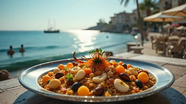 Plated couscous dish with nuts and fruit by the sea on a sunny day in a restaurant setting view