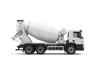 Side view of a white concrete mixer truck isolated on white background. Ideal for construction, industrial, and transportation themes.
