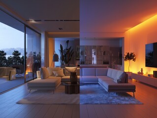 Modern Living Room with Adaptable Cool and Warm Lighting Settings
