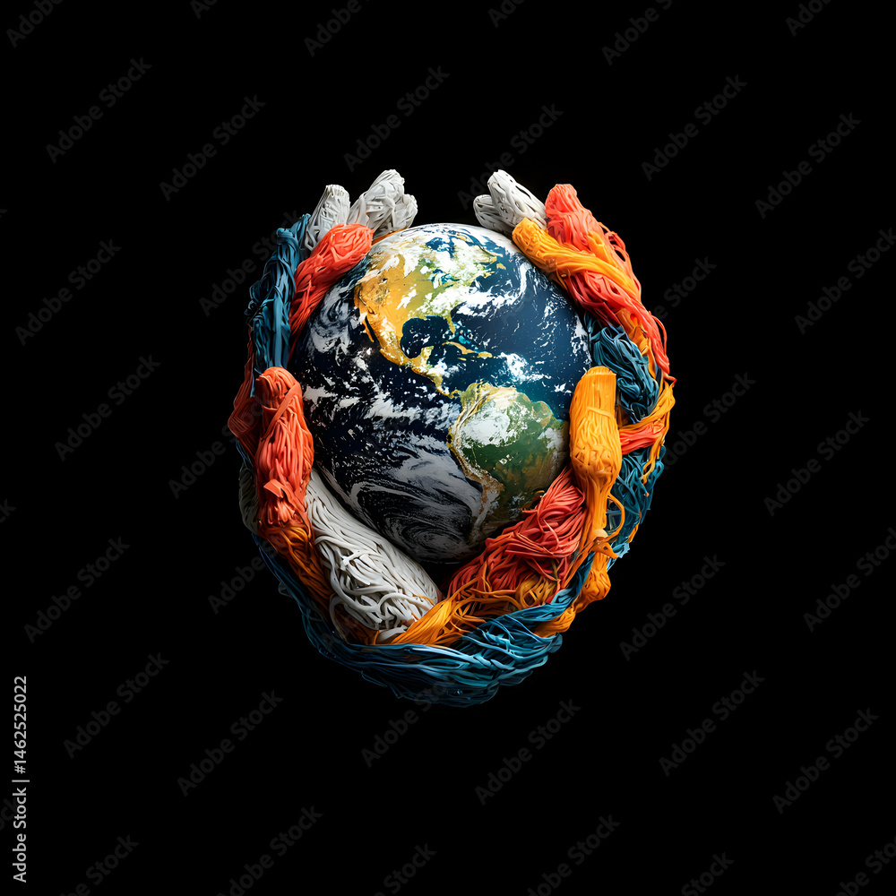 Poster earth encircled by intertwined colorful threads. symbolizes global unity and environmental protectio