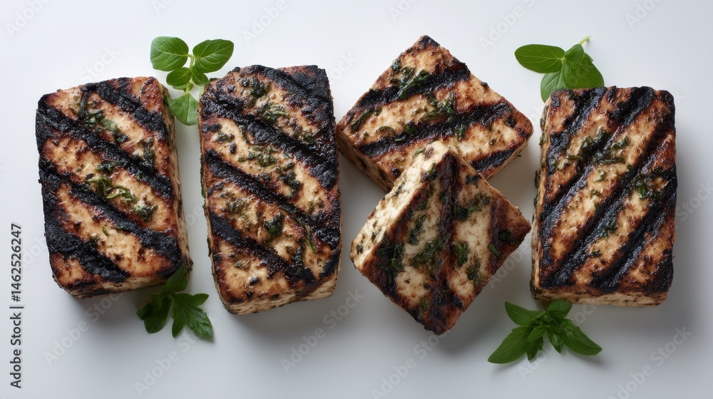 Poster overhead view of neatly arranged grilled tofu slices garnished with herbs on a white surface, showca