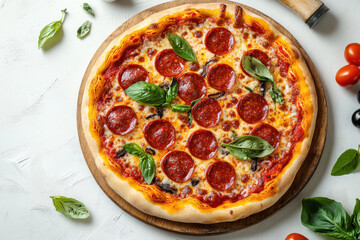 Pepperoni and basil pizza on a wooden table, fresh out of the oven.