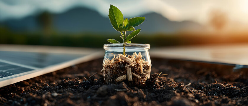 Fototapeta A small plant grows inside a glass jar filled with wood chips. Solar panel in the background represents sustainable energy for environmental protection. Ideal for eco-friendly themes.