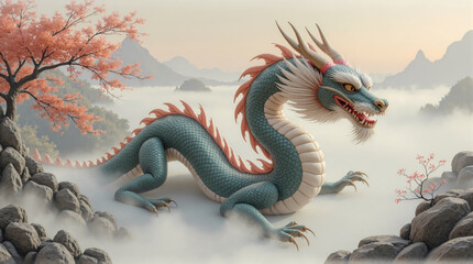 Fototapeta premium a detailed illustration of a blue and white chinese dragon with flowing mane and horns, amidst a misty mountain landscape with cherry blossoms. symbol of strength and good fortune.