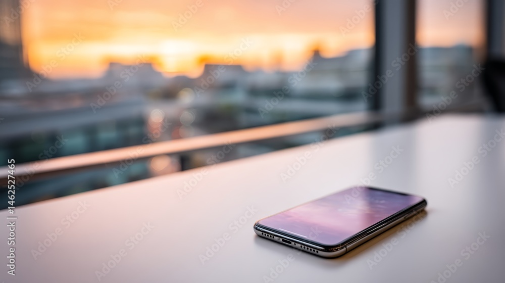 Aufkleber close-up of a smartphone resting on a glossy white desk, reflecting soft sunset orange and purple to