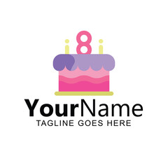 8th Birthday Cake Logo Design. Pink and Purple Delight