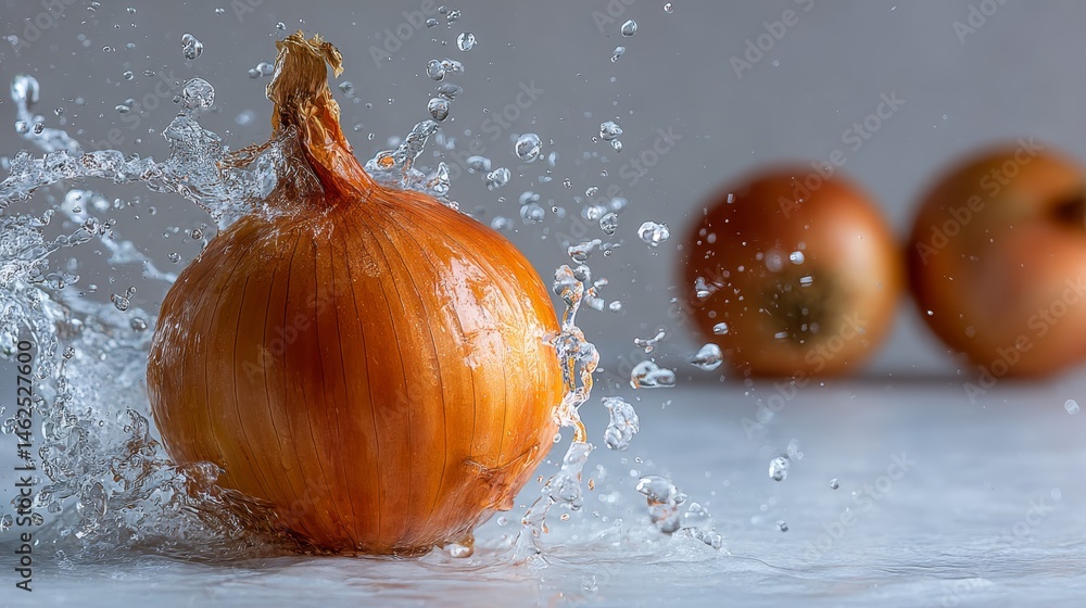 Poster An onion slice crashes into a splash of water, featuring suspended droplets over a bright neutral background, creating a dynamic and striking visual effect