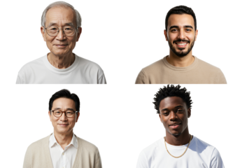 Diverse Portraits of Four Males: An Elderly Asian Man, a Young Caucasian Man, a Middle-Aged Asian Man, and a Young Black Man Against a Simple transparent background