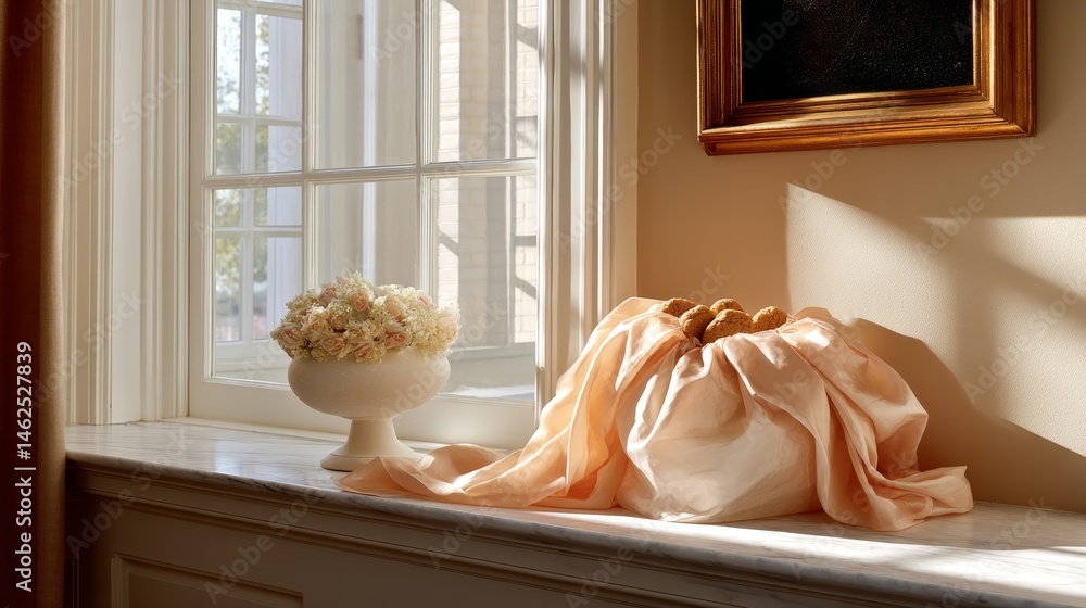 Poster close-up view of an overfilled kraft paper pouch resting on a windowsill, bathed in soft light and a