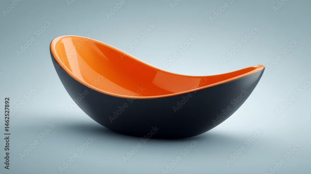 Poster curved utensil showcases a matte black handle and smooth orange bowl, artfully positioned on a soft 