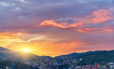 Sunset Sky Over Mountain Village Valley