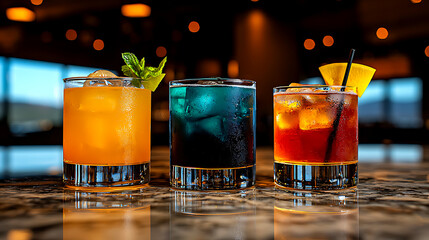 Trio of Colorful Cocktails on Marble Bar Top