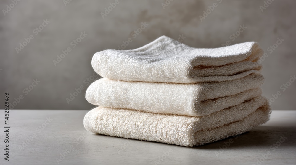 Poster Three neatly folded white towels rest on a smooth light surface, their textures enhanced by soft natural light, creating an inviting and tranquil atmosphere