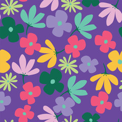 Seamless floral pattern, artistic ditsy print with vintage motif. Elegant botanical design with simple hand drawn plants: small white flowers, leaves on a black background. Vector illustration