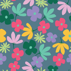 Seamless floral pattern, artistic ditsy print with vintage motif. Elegant botanical design with simple hand drawn plants: small white flowers, leaves on a black background. Vector illustration