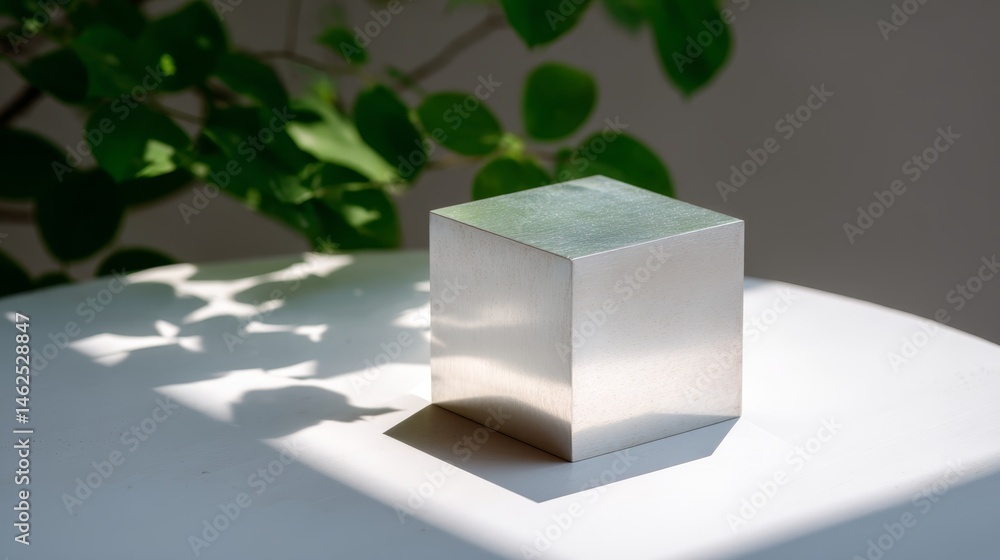 Fototapete Polished metallic cube rests on a white table captured in soft light, with sunlight filtering through foliage creating dynamic shadows around it