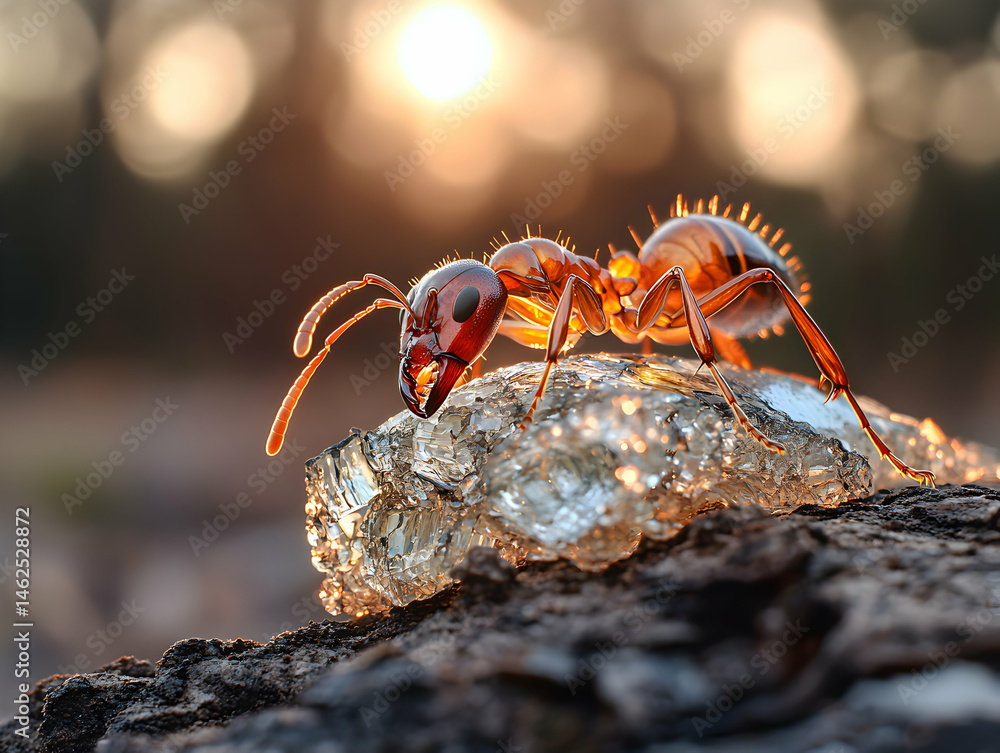 Poster a highly detailed macro photograph captures a translucent ant exploring a crystal-like substance ill