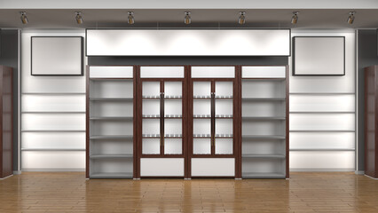 Shop interior with wooden display cases, white niches with shelves, lightbox and lighting, hanging banner. 3d illustration
