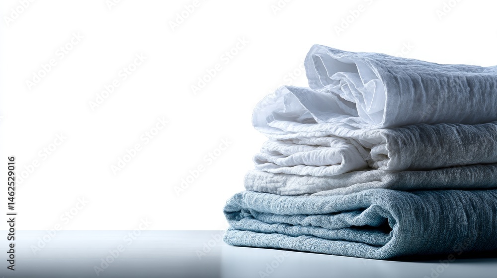 Poster Clean and neatly arranged bed linens showcase a soft texture under side lighting against a brilliant white background, perfect for minimalistic styling