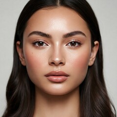 Close-up portrait of a young woman with healthy glowing skin, natural face beauty care
