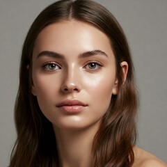 Close-up portrait of a young woman with healthy glowing skin, natural face beauty care